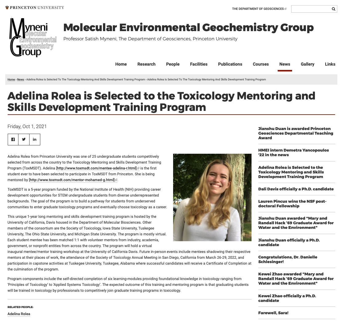 Adelina Rolea is Selected to the Toxicology Mentoring and Skills Development Training Program